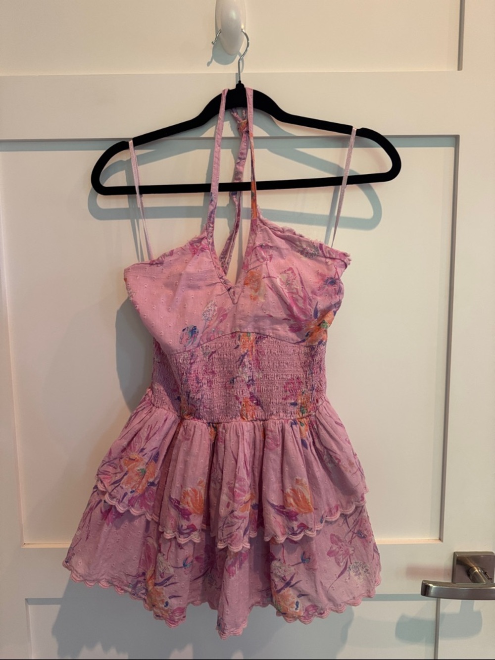 LoveShackFancy Pink Tiered Floral Halter Mini Dress